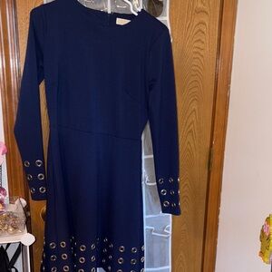 Michael Kors Blue Sheath Dress with Gold Cuffed Sleeves